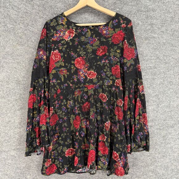 Forever 21 Blouse Women M Medium Black Floral Hook & Eye Long Sleeve Casual - Picture 1 of 6